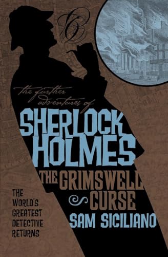 Sherlock Holmes book cover with silhouette, text, and industrial scene.