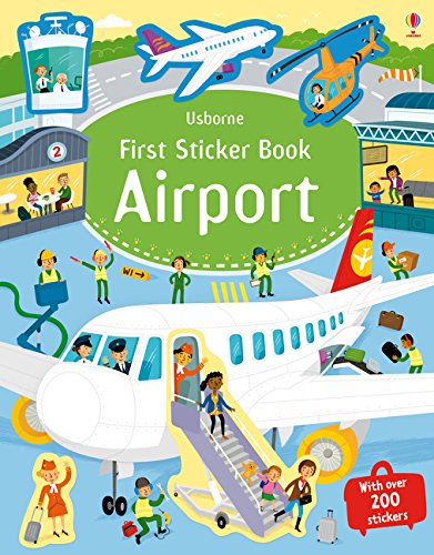Cover of Usborne First Sticker Book Airport featuring a cartoon airplane and airport scenes.