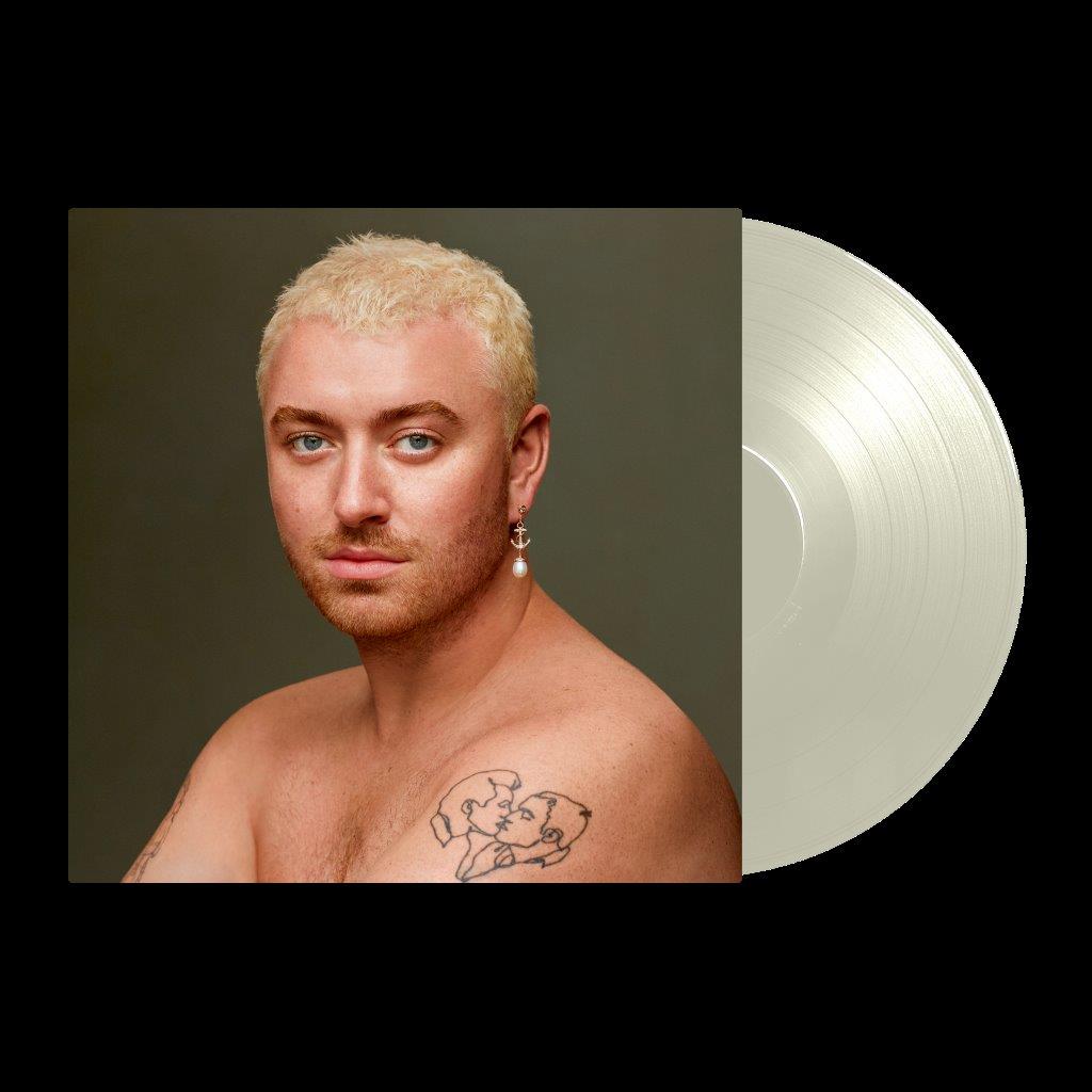 Sam Smith portrait with translucent vinyl record on dark background.