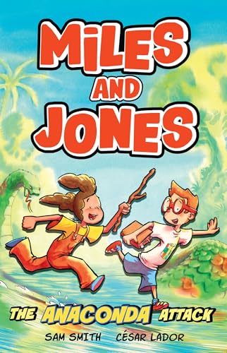Two children running from a large green anaconda in a jungle setting.