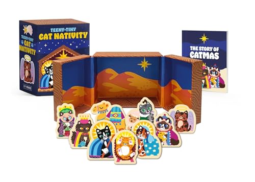 Cat nativity scene playset with cardboard stable and cat character figures.
