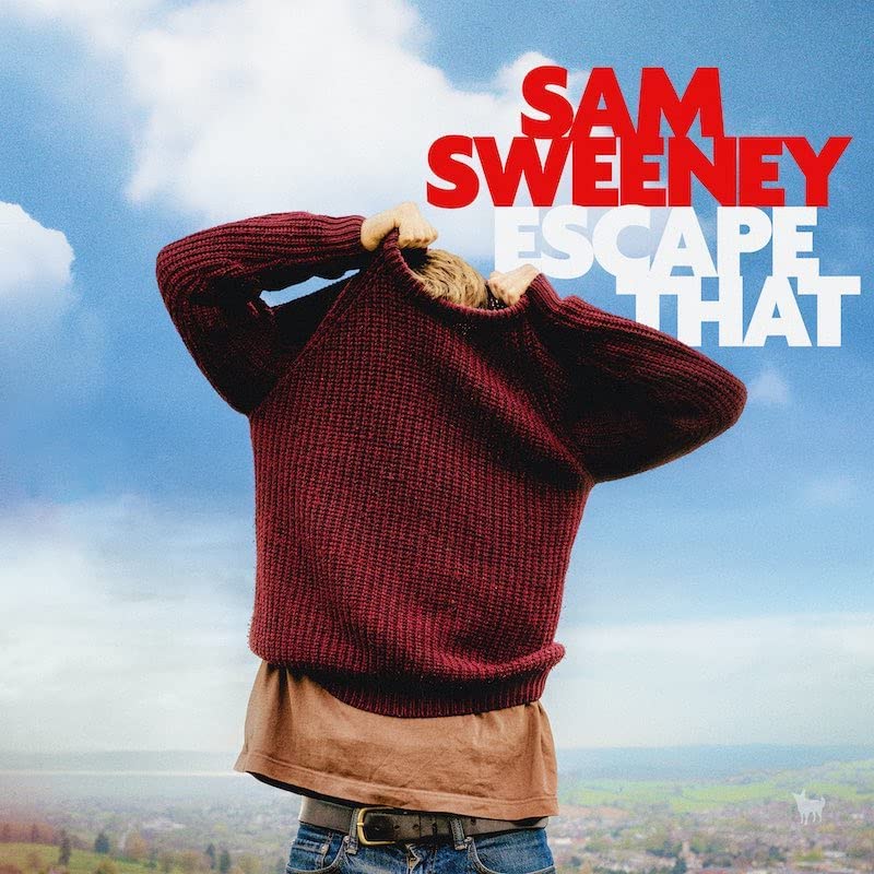 Album cover with man in red sweater, blue jeans, and scenic landscape background.