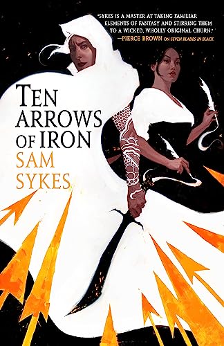 Book cover: two women with swords, orange arrow designs, dark background.