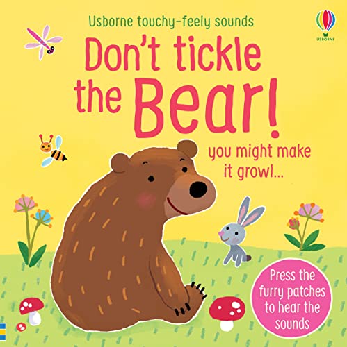 Brown bear illustration with rabbit, dragonfly, and text: "Don't tickle the Bear!".