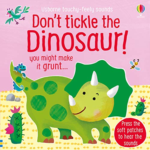Bright green dinosaur with textured patches, from a children’s sound book.