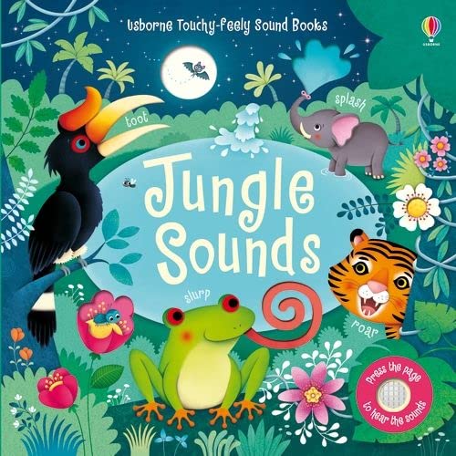 Cover of Jungle Sounds book featuring a hornbill, elephant, frog, and tiger in jungle.