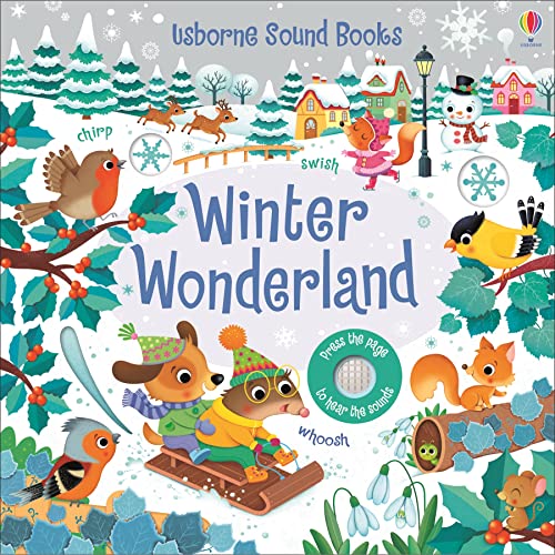 Winter scene with animals, snow, and a sound button on a children’s book.