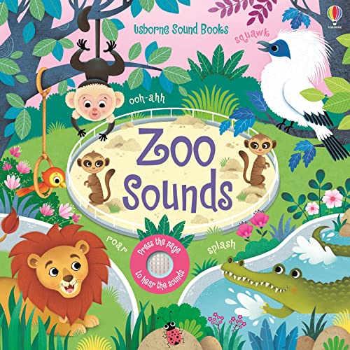 Cover of Zoo Sounds book featuring a lion, monkey, crocodile, and bird in nature.
