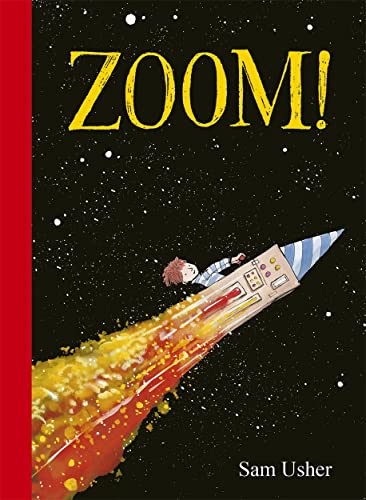 Boy in cardboard rocket flies through a starry night sky.