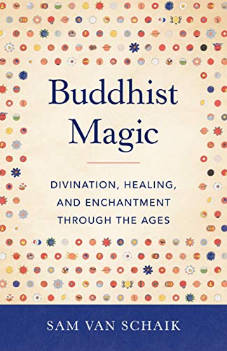 Book cover: “Buddhist Magic” with colorful floral pattern background.