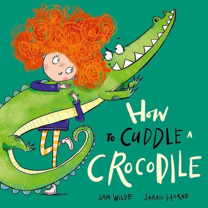Girl hugs a green crocodile with large teeth, book cover illustration.