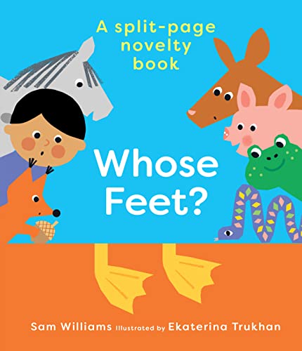 Children’s book cover, “Whose Feet?” featuring animal and human illustrations.