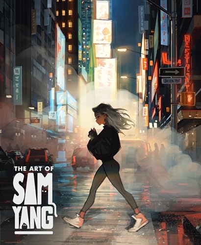 Woman walking down a wet, neon-lit city street, book cover art.
