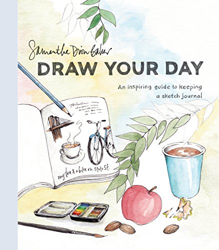 Book cover featuring watercolor illustrations of a sketchbook, art supplies, an apple, and leaves.