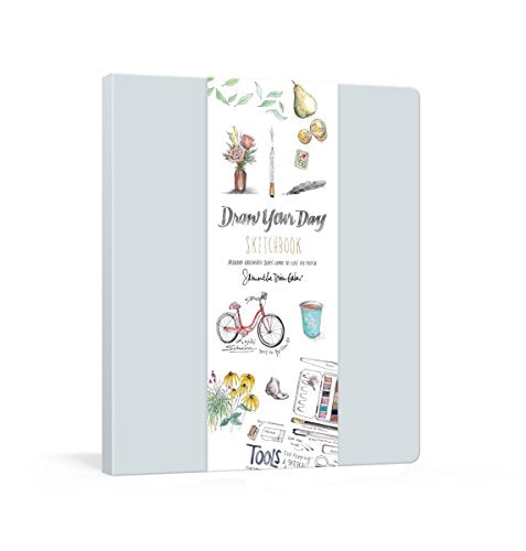 Light blue sketchbook with watercolor illustrations of everyday objects.