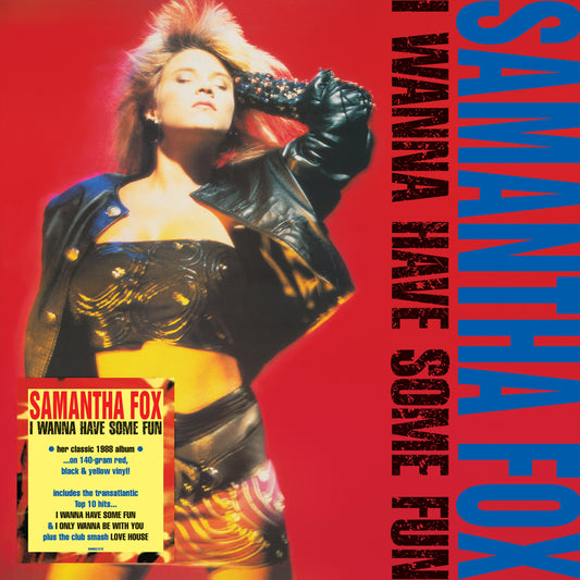 Samantha Fox album cover, vibrant red and blue with a portrait.