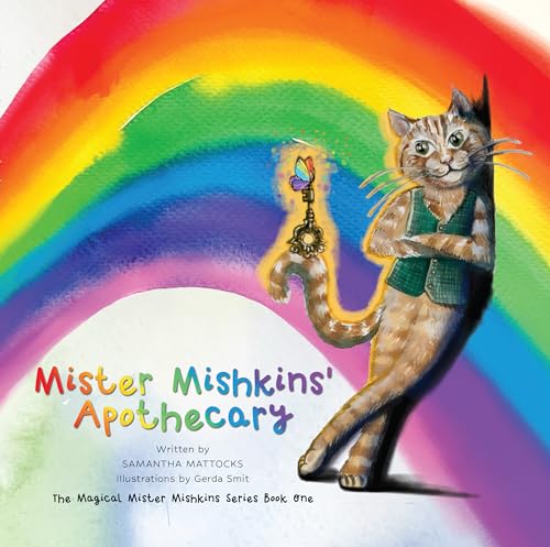 Cat in waistcoat stands before a vibrant rainbow, holding a key.