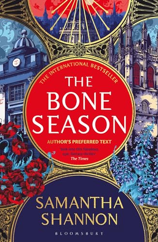 Book cover for “The Bone Season” with ornate gold frame and cityscapes.