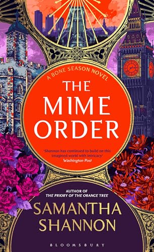 Book cover for “The Mime Order” featuring London landmarks and floral details.
