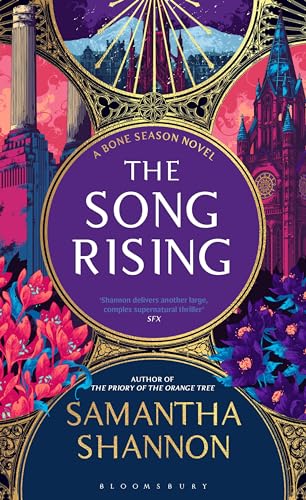 Book cover for “The Song Rising” featuring ornate architecture and floral designs.