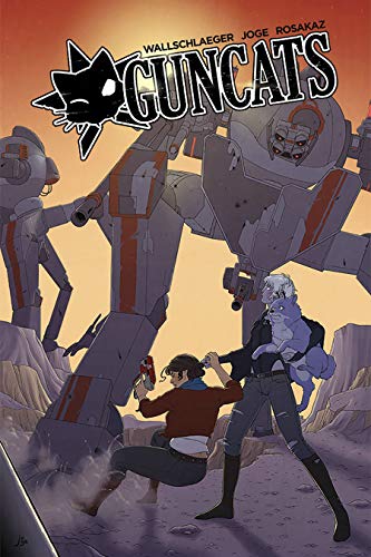 Comic book cover: robots, a person with a cat, and a desert landscape.