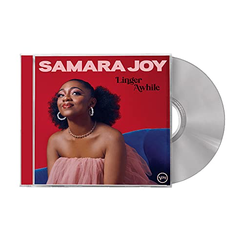 Samara Joy album cover featuring the artist in a pink dress against red background.