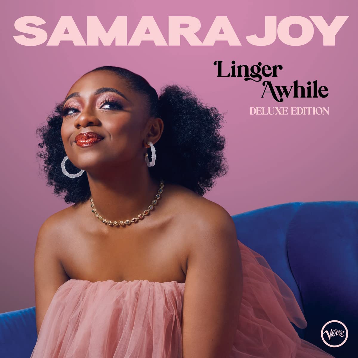 CD cover for Samara Joy’s “Linger Awhile (Deluxe Edition)” featuring her portrait.