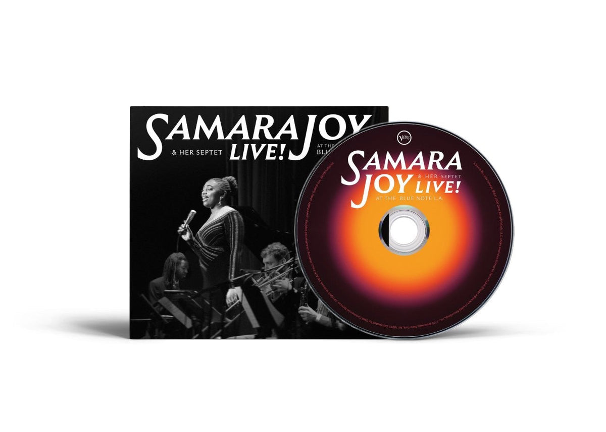 Samara Joy album cover and CD with a portrait of the singer.