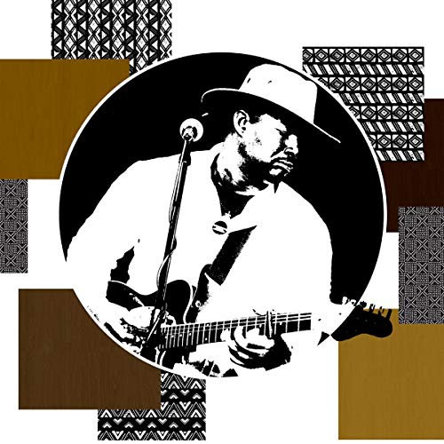 A black-and-white image of a man playing guitar, surrounded by brown and patterned shapes.