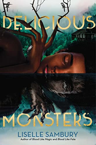 Book cover: woman with monster-like hands, dark forest, and reflective water.