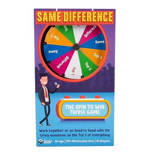 Game box with a spinning wheel and a man holding cards.