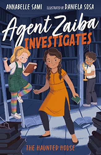 Three children investigate a library filled with bookshelves, holding books and a candle.