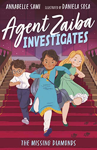 Three children run down a red-carpeted staircase on this illustrated book cover.