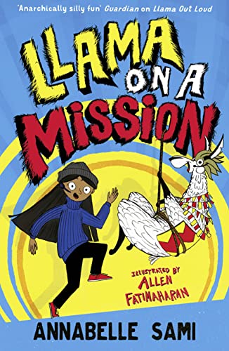 Book cover: a girl and llama in comical, illustrated escape.