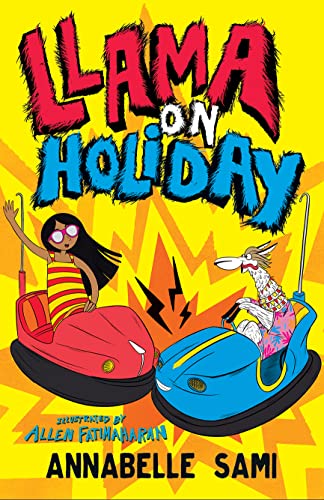 Book cover: Llama and girl in bumper cars on a yellow background.