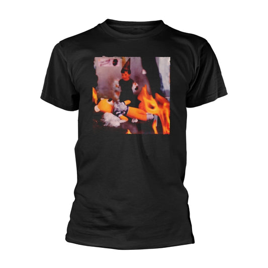 Black t-shirt with a blurry image of a person and flames.