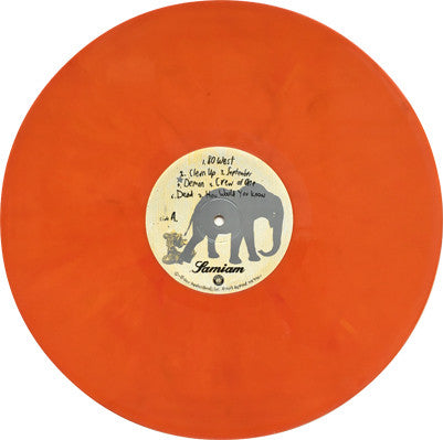 Orange vinyl record with a central label featuring an elephant illustration.