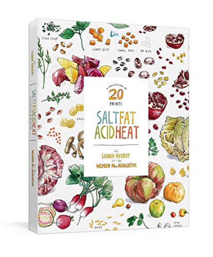 Colorful watercolor illustrations of food on a boxed print collection.