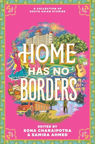 Book cover: “Home Has No Borders,” illustrated with diverse scenes and figures.