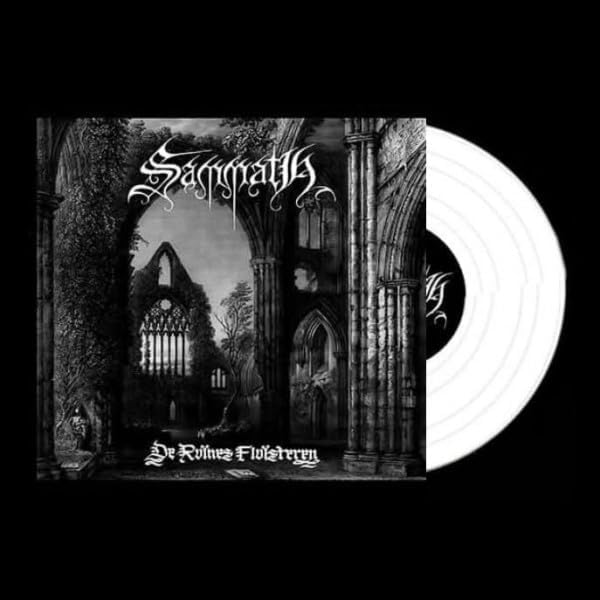 Black and white vinyl record with gothic ruin album artwork.