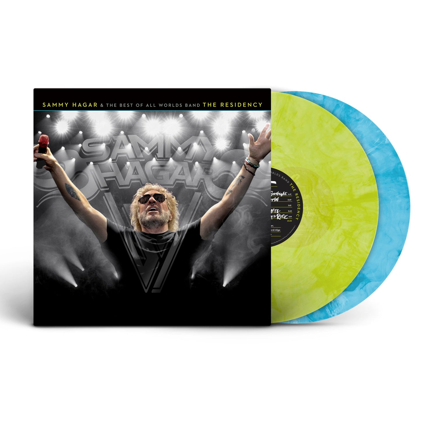 Sammy Hagar album cover and two-tone yellow and blue vinyl records.