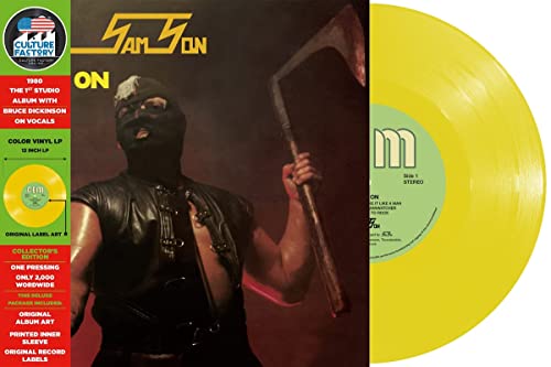 Samson “Head On” vinyl record cover and yellow vinyl disc shown.