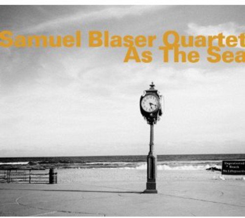 "Album cover with a clock by the sea, titled 'As The Sea' in orange text."
