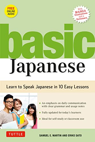 Book cover for “Basic Japanese” with young people and green text.
