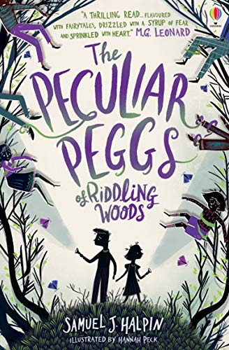 Book cover: “The Peculiar Peggs of Riddling Woods” with illustrated children in woods.