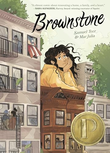 A young person in a yellow hoodie leans against a brownstone building illustration.