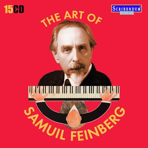 Portrait of Samuil Feinberg with piano keys extending from his hands.