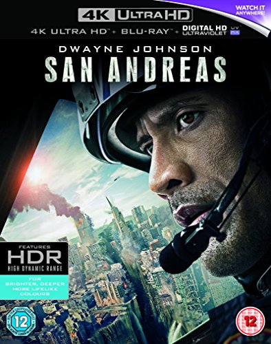 San Andreas" Blu-ray cover featuring Dwayne Johnson in a helicopter, city destruction.