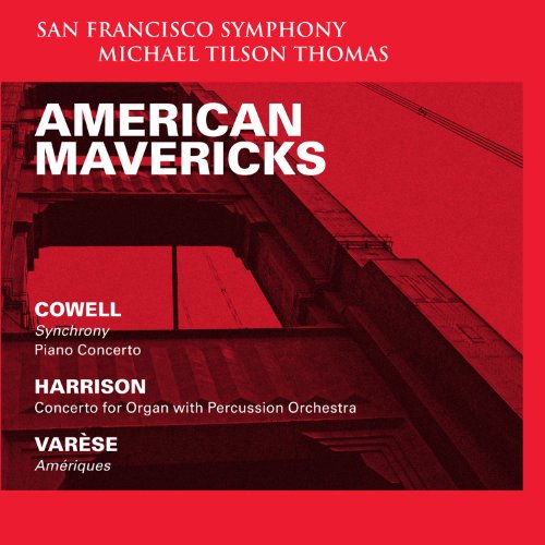 Red CD cover featuring a bridge, titled "American Mavericks" with composer names.