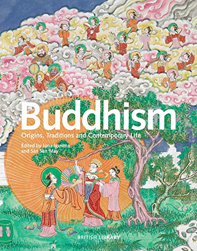 Book cover: “Buddhism” with colorful traditional painting of deities and a tree.